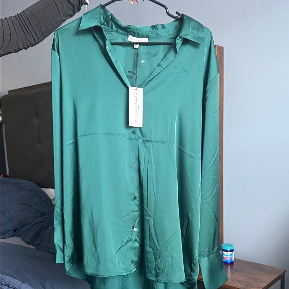 Emerald Satin Button-Down Blouse - Lightweight Re… - image 1